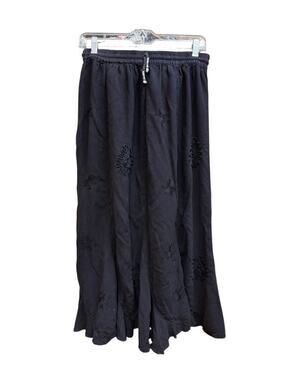 Flowing Black Embroidered Maxi Skirt with Elastic Waist FREE SIZE